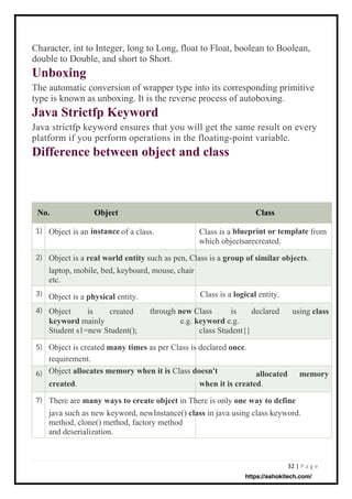 32 | P a g e
Character, int to Integer, long to Long, float to Float, boolean to Boolean,
double to Double, and short to Short.
Unboxing
The automatic conversion of wrapper type into its corresponding primitive
type is known as unboxing. It is the reverse process of autoboxing.
Java Strictfp Keyword
Java strictfp keyword ensures that you will get the same result on every
platform if you perform operations in the floating-point variable.
Difference between object and class
No. Object
instance
Class
blueprint or template
1)
2)
3)
4)
5)
6)
7)
Object is an of a class. Class is a from
which objectsarecreated.
Object is a real world entity such as pen, Class is a group of similar objects.
laptop, mobile, bed, keyboard, mouse, chair
etc.
Object is a physical entity. Class is a logical entity.
declared
Object
keyword mainly
Student s1=new Student();
is created through new Class is using class
e.g. keyword e.g.
class Student{}
Object is created many times as per Class is declared once.
requirement.
Object allocates memory when it is Class doesn't allocated memory
created. when it is created.
There are many ways to create object in There is only one way to define
java such as new keyword, newInstance() class in java using class keyword.
method, clone() method, factory method
and deserialization.
https://ashokitech.com/
 
