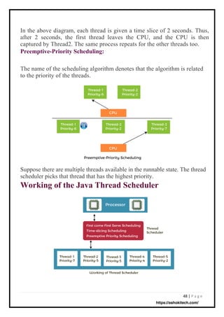 48 | P a g e
The name of the scheduling algorithm denotes that the algorithm is related
to the priority of the threads.
Suppose there are multiple threads available in the runnable state. The thread
scheduler picks that thread that has the highest priority.
Working of the Java Thread Scheduler
In the above diagram, each thread is given a time slice of 2 seconds. Thus,
after 2 seconds, the first thread leaves the CPU, and the CPU is then
captured by Thread2. The same process repeats for the other threads too.
Preemptive-Priority Scheduling:
https://ashokitech.com/
 