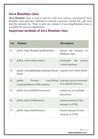 57 | P a g e
Java Runtime class
Java Runtime class is used to interact with java runtime environment. Java
Runtime class provides methods to execute a process, invoke GC, get total
and free memory etc. There is only one instance of java.lang.Runtime class is
available for one java application.
Important methods of Java Runtime class
No. Method Description
1)
2)
3)
4)
5)
6)
7)
public long freeMemory()
public void exit(int status)
public long totalMemory()
public static Runtime getRuntime()
public void addShutdownHook(Thread
hook)
public
command)throws IOException
Process exec(String
public int availableProcessors()
returns the instance of
Runtime class.
terminates the
virtual machine.
current
registers new hook thread.
executes given command
in a separate process.
returns no. of available
processors.
returns amount of free
memory in JVM.
returns amount of total
memory in JVM.
https://ashokitech.com/
 