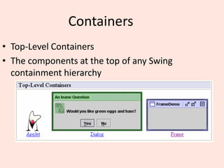 Containers
• Top-Level Containers
• The components at the top of any Swing
containment hierarchy
 