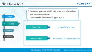 `
https://www.edureka.co/java-j2ee-soa-trainingEDUREKA JAVA CERTIFICATION TRAINING
Character
Boolean
Integer1
3
4
Float3
2
Float Data type
 Float data types are used to store numeric values along
with their decimal value.
 There are two different float types in Java:
float Type
double Type
±3.40282347E+38F
±1.79769313486231570E+308
 