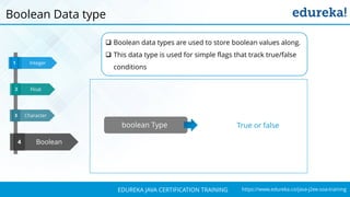 `
https://www.edureka.co/java-j2ee-soa-trainingEDUREKA JAVA CERTIFICATION TRAINING
Character
Integer1
3
Boolean4
Float32
Boolean Data type
boolean Type True or false
 Boolean data types are used to store boolean values along.
 This data type is used for simple flags that track true/false
conditions
 