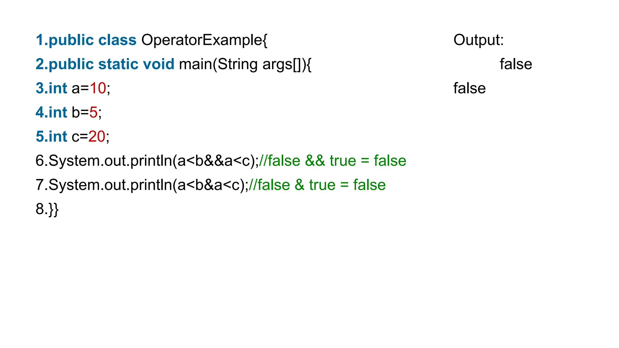 1.public class OperatorExample{ Output:
2.public static void main(String args[]){ false
3.int a=10; false
4.int b=5;
5.int c=20;
6.System.out.println(a<b&&a<c);//false && true = false
7.System.out.println(a<b&a<c);//false & true = false
8.}}
 