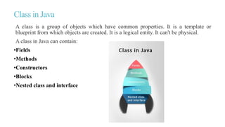 Class in Java
A class is a group of objects which have common properties. It is a template or
blueprint from which objects are created. It is a logical entity. It can't be physical.
A class in Java can contain:
•Fields
•Methods
•Constructors
•Blocks
•Nested class and interface
 
