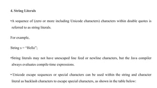 4. String Literals
•A sequence of (zero or more including Unicode characters) characters within double quotes is
referred to as string literals.
For example,
String s = “Hello”;
•String literals may not have unescaped line feed or newline characters, but the Java compiler
always evaluates compile-time expressions.
• Unicode escape sequences or special characters can be used within the string and character
literal as backlash characters to escape special characters, as shown in the table below:
 
