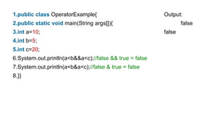 1.public class OperatorExample{ Output:
2.public static void main(String args[]){ false
3.int a=10; false
4.int b=5;
5.int c=20;
6.System.out.println(a<b&&a<c);//false && true = false
7.System.out.println(a<b&a<c);//false & true = false
8.}}
 