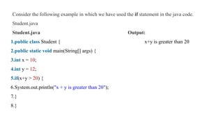 Consider the following example in which we have used the if statement in the java code.
Student.java
Student.java Output:
1.public class Student { x+y is greater than 20
2.public static void main(String[] args) {
3.int x = 10;
4.int y = 12;
5.if(x+y > 20) {
6.System.out.println("x + y is greater than 20");
7.}
8.}
 
