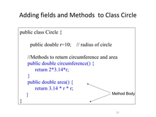 Adding fields and Methods to Class Circle
21
public class Circle {
public double r=10; // radius of circle
//Methods to return circumference and area
public double circumference() {
return 2*3.14*r;
}
public double area() {
return 3.14 * r * r;
}
}
Method Body
 