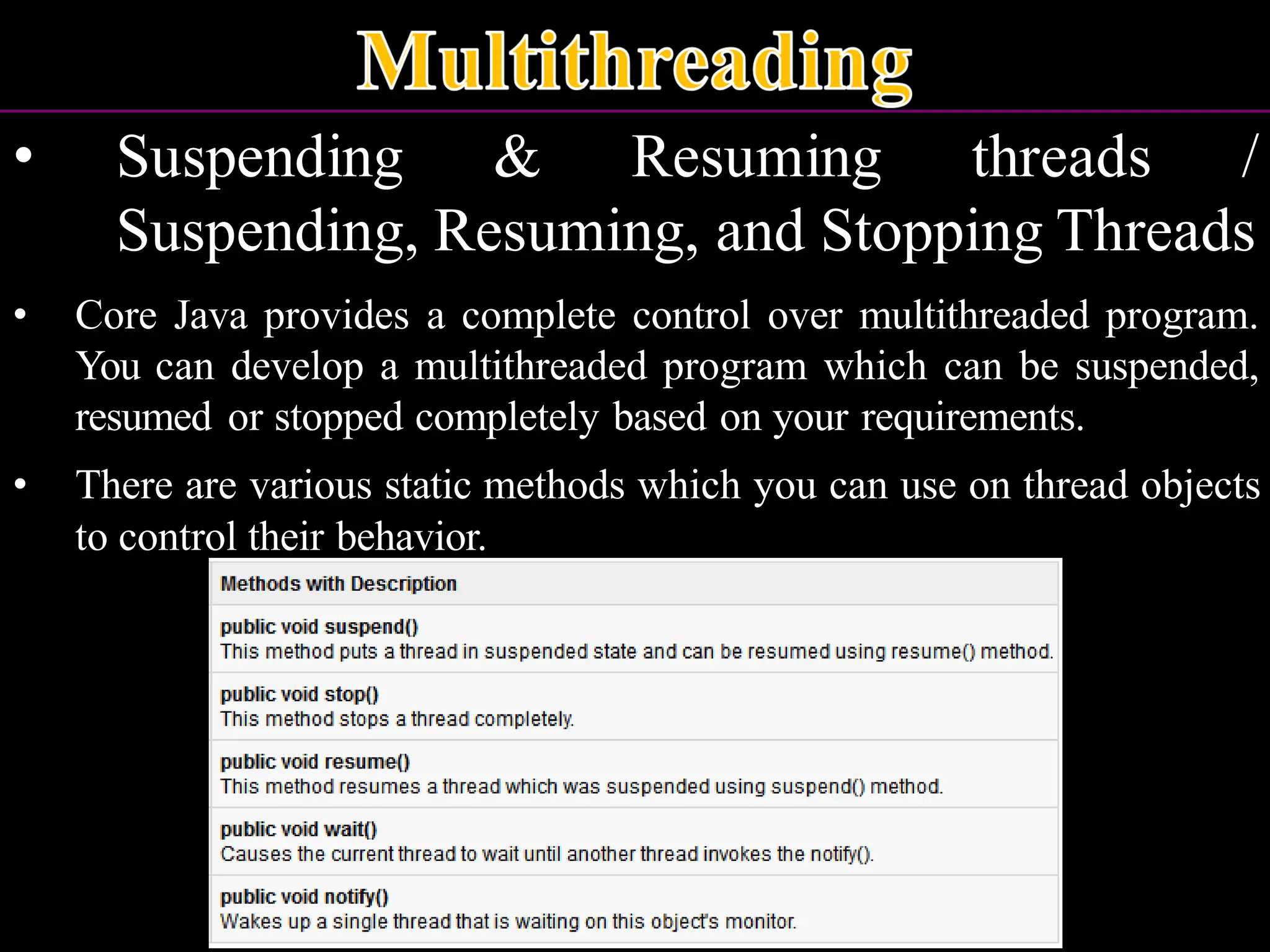 • Suspending & Resuming threads / Suspending, Resuming, and Stopping Threads • Core Java provides a complete control over multithreaded program. You can develop a multithreaded program which can be suspended, resumed or stopped completely based on your requirements. • There are various static methods which you can use on thread objects to control their behavior. 
