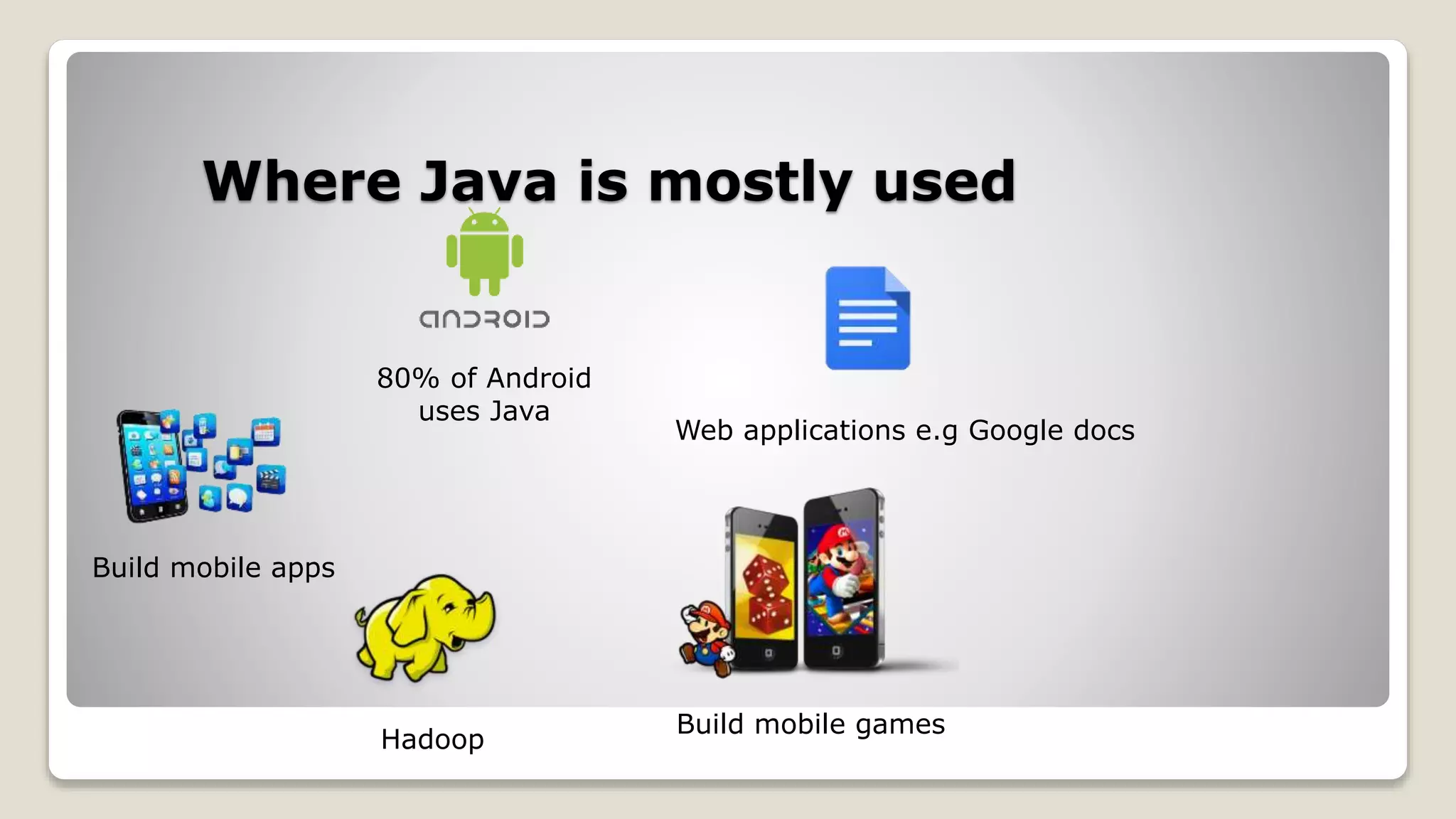 Where Java is mostly used 80% of Android uses Java Build mobile games Web applications e.g Google docs Hadoop Build mobile apps 