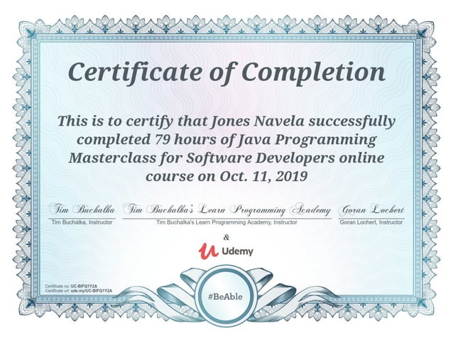 Java masterclass udemy certificate