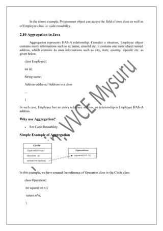 In the above example, Programmer object can access the field of own class as well as
of Employee class i.e. code reusability.
2.10 Aggregation in Java
Aggregation represents HAS-A relationship. Consider a situation, Employee object
contains many informations such as id, name, emailId etc. It contains one more object named
address, which contains its own informations such as city, state, country, zipcode etc. as
given below.
class Employee{
int id;
String name;
Address address;//Address is a class
...
}
In such case, Employee has an entity reference address, so relationship is Employee HAS-A
address.
Why use Aggregation?
 For Code Reusability.
Simple Example of Aggregation
In this example, we have created the reference of Operation class in the Circle class.
class Operation{
int square(int n){
return n*n;
}
 
