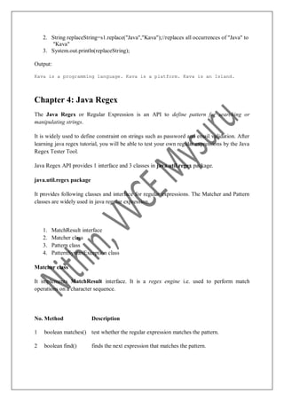2. String replaceString=s1.replace("Java","Kava");//replaces all occurrences of "Java" to
"Kava"
3. System.out.println(replaceString);
Output:
Kava is a programming language. Kava is a platform. Kava is an Island.
Chapter 4: Java Regex
The Java Regex or Regular Expression is an API to define pattern for searching or
manipulating strings.
It is widely used to define constraint on strings such as password and email validation. After
learning java regex tutorial, you will be able to test your own regular expressions by the Java
Regex Tester Tool.
Java Regex API provides 1 interface and 3 classes in java.util.regex package.
java.util.regex package
It provides following classes and interface for regular expressions. The Matcher and Pattern
classes are widely used in java regular expression.
1. MatchResult interface
2. Matcher class
3. Pattern class
4. PatternSyntaxException class
Matcher class
It implements MatchResult interface. It is a regex engine i.e. used to perform match
operations on a character sequence.
No. Method Description
1 boolean matches() test whether the regular expression matches the pattern.
2 boolean find() finds the next expression that matches the pattern.
 