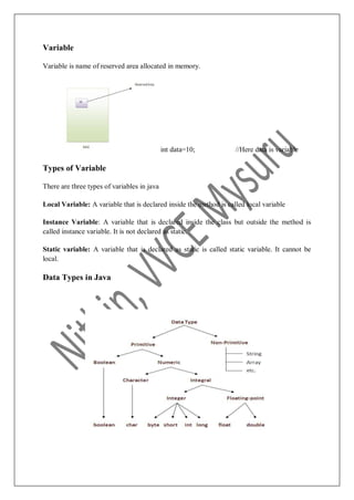 Variable
Variable is name of reserved area allocated in memory.
int data=10; //Here data is variable
Types of Variable
There are three types of variables in java
Local Variable: A variable that is declared inside the method is called local variable
Instance Variable: A variable that is declared inside the class but outside the method is
called instance variable. It is not declared as static.
Static variable: A variable that is declared as static is called static variable. It cannot be
local.
Data Types in Java
 