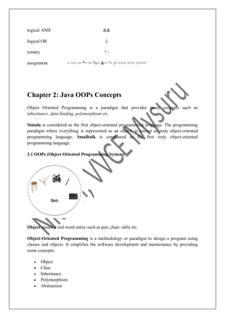logical AND &&
logical OR ||
ternary ? :
assignment = += -= *= /= %= &= ^= |= <<= >>= >>>=
Chapter 2: Java OOPs Concepts
Object Oriented Programming is a paradigm that provides many concepts such as
inheritance, data binding, polymorphism etc.
Simula is considered as the first object-oriented programming language. The programming
paradigm where everything is represented as an object, is known as truly object-oriented
programming language. Smalltalk is considered as the first truly object-oriented
programming language.
2.1 OOPs (Object Oriented Programming System)
Object means a real word entity such as pen, chair, table etc.
Object-Oriented Programming is a methodology or paradigm to design a program using
classes and objects. It simplifies the software development and maintenance by providing
some concepts:
 Object
 Class
 Inheritance
 Polymorphism
 Abstraction
 