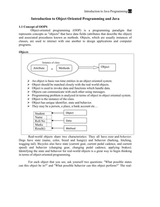 Introduction to Java Programming 1.1

Introduction to Object Oriented Programming and Java
1.1 Concept of OOPS
Object-oriented programming (OOP) is a programming paradigm that
represents concepts as "objects" that have data fields (attributes that describe the object)
and associated procedures known as methods. Objects, which are usually instances of
classes, are used to interact with one another to design applications and computer
programs.
Objects

Instance of class

Attribute










+

Methods

Object

An object is basic run time entities in an object oriented system.
Object should be matched closely with the real world objects.
Object is used to invoke data and functions which handle data.
Objects can communicate with each other using messages.
Programming problem is analyzed in terms of object in object oriented system.
Object is the instance of the class.
Object has unique identifier, state and behavior.
They may be a person, a place, a bank account etc…
Student
Name
Roll No
Marks
Result()

Object
Data
Method

Real-world objects share two characteristics: They all have state and behavior.
Dogs have state (name, color, breed and hungry) and behavior (barking, fetching,
wagging tail). Bicycles also have state (current gear, current pedal cadence, and current
speed) and behavior (changing gear, changing pedal cadence, applying brakes).
Identifying the state and behavior for real-world objects is a great way to begin thinking
in terms of object-oriented programming.
For each object that you see, ask yourself two questions: "What possible states
can this object be in?" and "What possible behavior can this object perform?” The real-

 