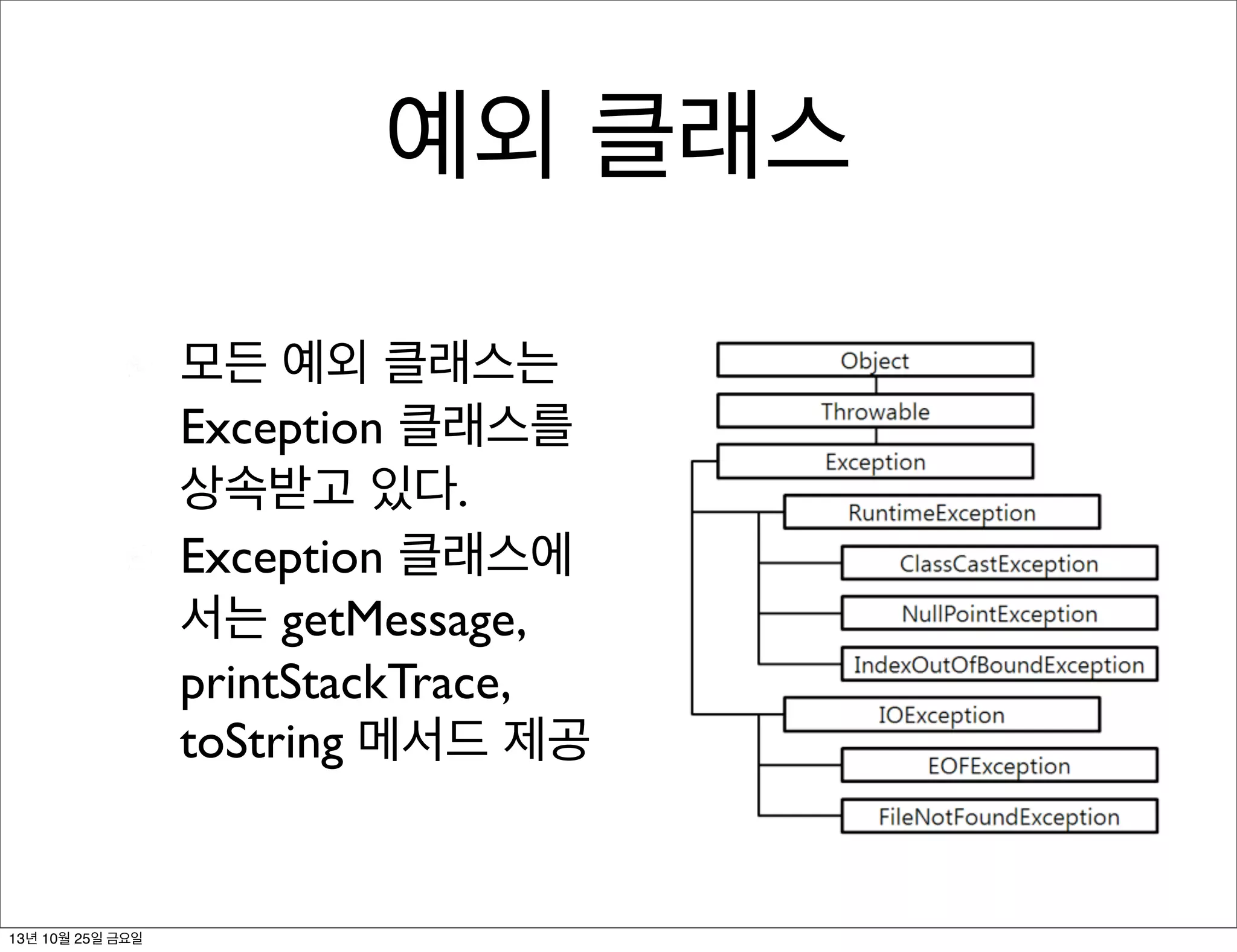 예외 클래스
모든 예외 클래스는
Exception 클래스를
상속받고 있다.
Exception 클래스에
서는 getMessage,
printStackTrace,
toString 메서드 제공

13년 10월 25일 금요일

 