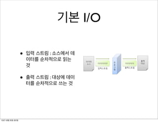 기본 I/O
•
•

13년 10월 25일 금요일

입력 스트림 : 소스에서 데
이터를 순차적으로 읽는
것
출력 스트림 : 대상에 데이
터를 순차적으로 쓰는 것

 