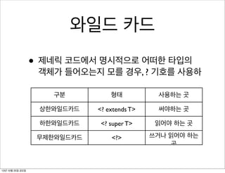와일드 카드
• 제네릭 코드에서 명시적으로 어떠한 타입의

객체가 들어오는지 모를 경우, ? 기호를 사용하
구분

사용하는 곳

상한와일드카드

<? extends T>

써야하는 곳

하한와일드카드

<? super T>

읽어야 하는 곳

무제한와일드카드

13년 10월 25일 금요일

형태

<?>

쓰거나 읽어야 하는
곳

 