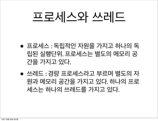 프로세스와 쓰레드
• 프로세스 : 독립적인 자원을 가지고 하나의 독
립된 실행단위. 프로세스는 별도의 메모리 공
간을 가지고 있다.

• 쓰레드 : 경량 프로세스라고 부르며 별도의 자

원과 메모리 공간을 가지고 있다. 하나의 프로
세스는 하나의 쓰레드를 가지고 있다.

13년 10월 25일 금요일

 