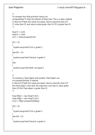 Java Programs cs567
float f1 = 5.35f;
float f2 = 5.34f;
int i1 = Float.compare(f1,f2);
if(i1 > 0)
{
System.out.println("First is grater");
}
else if(i1 < 0)
{
System.out.println("Second is grater");
}
else
{
System.out.println("Both are equal");
}
/*
To compare a Float object with another Float object use
int compareTo(Float f) method.
It returns 0 if both the values are equal, returns value less than 0 if
this Float object is less than the argument, and returns value grater
than 0 if this Float object is grater than f2.
*/
Float fObj1 = new Float("5.35");
Float fObj2 = new Float("5.34");
int i2 = fObj1.compareTo(fObj2);
if(i2 > 0)
{
System.out.println("First is grater");
}
else if(i2 < 0)
{
System.out.println("Second is grater");
}
else
{
System.out.println("Both are equal");
}
 