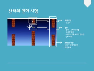 산타의 면허 시험
화면 상단
- 스코어
중앙
- 산타 : 스페이스바를
누르면 점프
스페이스바를 누르지 않으면
산타 추락
화면 상, 하단
산타가 벽에 닿으면
게임 종료
 