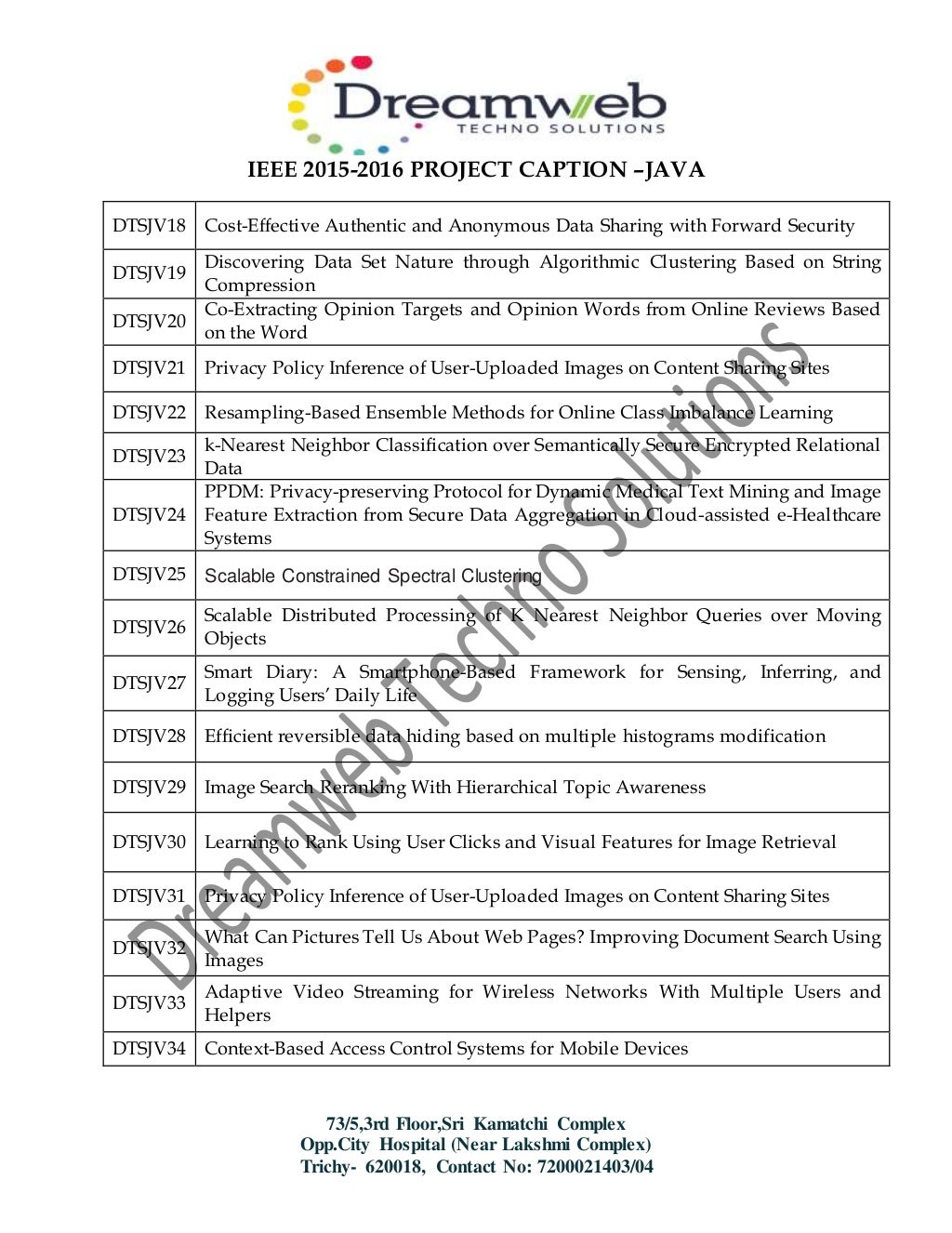 Java project titles for mca dreamweb techno solutions trichy