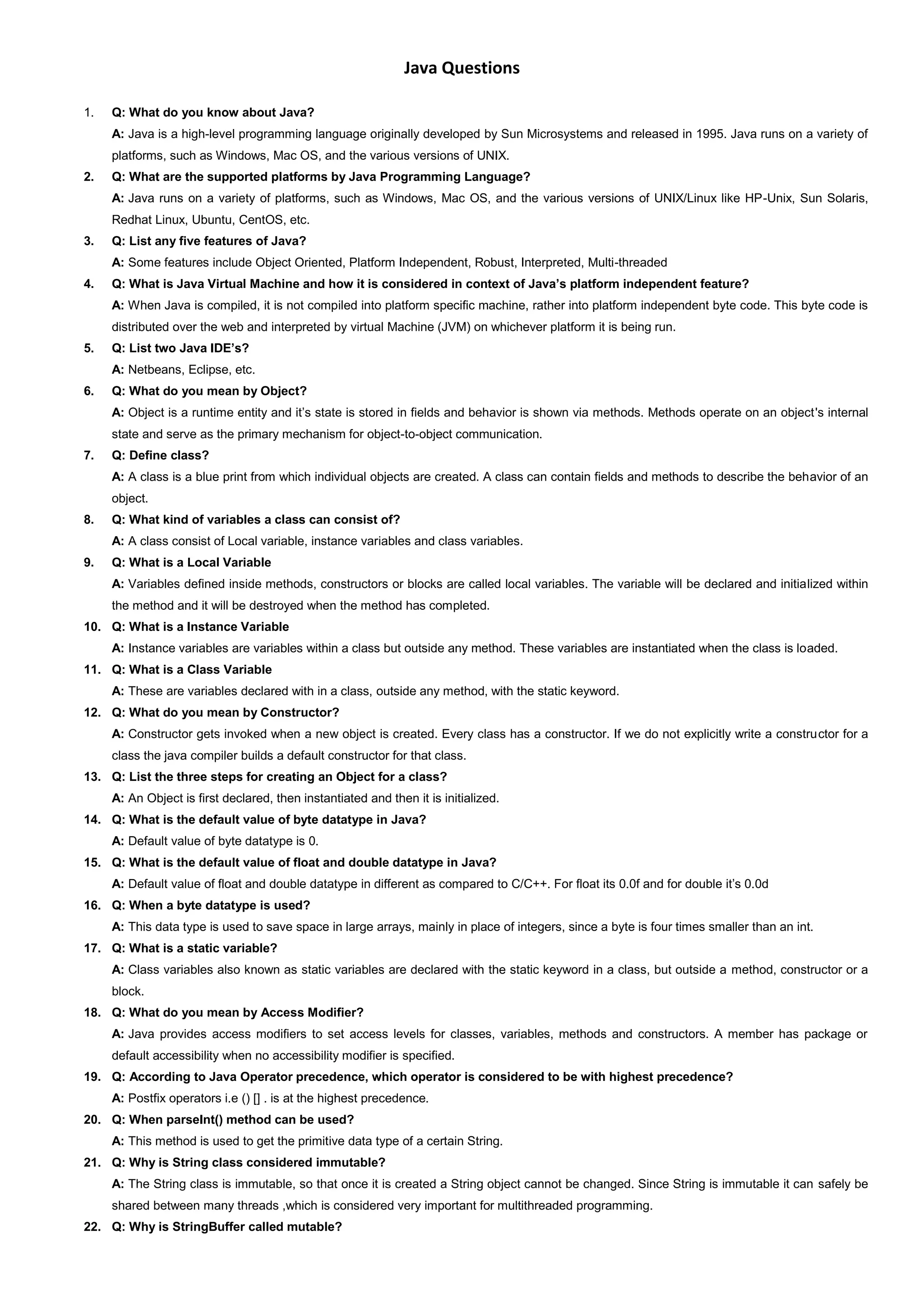 Java questions for viva | DOCX
