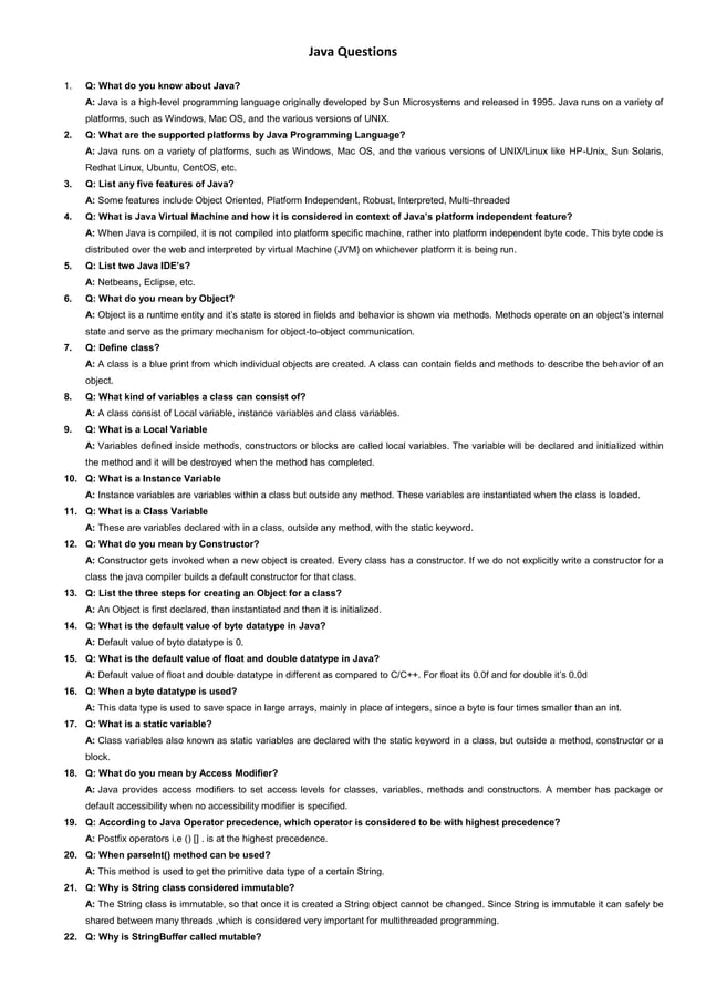 Java questions for viva | DOCX