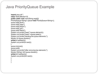 Java PriorityQueue Example
import java.util.*;
class TestCollection12{
public static void main(String args[]){
PriorityQueue<String> queue=new PriorityQueue<String>();
queue.add("Amit");
queue.add("Vijay");
queue.add("Karan");
queue.add("Jai");
queue.add("Rahul");
System.out.println("head:"+queue.element());
System.out.println("head:"+queue.peek());
System.out.println("iterating the queue elements:");
Iterator itr=queue.iterator();
while(itr.hasNext()){
System.out.println(itr.next());
}
queue.remove();
queue.poll();
System.out.println("after removing two elements:");
Iterator<String> itr2=queue.iterator();
while(itr2.hasNext()){
System.out.println(itr2.next());
}
}
}
 