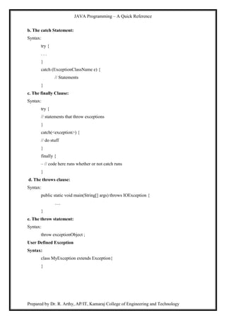 JAVA Programming – A Quick Reference
Prepared by Dr. R. Arthy, AP/IT, Kamaraj College of Engineering and Technology
b. The catch Statement:
Syntax:
try {
. . .
}
catch (ExceptionClassName e) {
// Statements
}
c. The finally Clause:
Syntax:
try {
// statements that throw exceptions
}
catch(<exception>) {
// do stuff
}
finally {
– // code here runs whether or not catch runs
}
d. The throws clause:
Syntax:
public static void main(String[] args) throws IOException {
….
}
e. The throw statement:
Syntax:
throw exceptionObject ;
User Defined Exception
Syntax:
class MyException extends Exception{
}
 