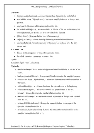 JAVA Programming – A Quick Reference
Prepared by Dr. R. Arthy, AP/IT, Kamaraj College of Engineering and Technology
Methods:
 boolean add(Collection c) - Appends the specified element to the end of a list.
 void add(int index, Object element) - Inserts the specified element at the specified
position.
 void clear() - Removes all the elements from this list.
 int lastIndexOf(Object o) - Return the index in this list of the last occurrence of the
specified element, or -1 if the list does not contain this element.
 Object clone() - Return a shallow copy of an ArrayList.
 Object[] toArray() - Returns an array containing all the elements in the list.
 void trimToSize() - Trims the capacity of this ArrayList instance to be the list‟s
current size.
ii. Linked List
 Linked List is a sequence of links which contains items.
 Each link contains a connection to another link.
Syntax:
Linkedlist object = new Linkedlist();
Methods:
 boolean add(Object o) - It is used to append the specified element to the end of the
vector.
 boolean contains(Object o) - Returns true if this list contains the specified element.
 void add (int index, Object element) - Inserts the element at the specified element in
the vector.
 void addFirst(Object o) - It is used to insert the given element at the beginning.
 void addLast(Object o) - It is used to append the given element to the end.
 int size() - It is used to return the number of elements in a list
 boolean remove(Object o) - Removes the first occurrence of the specified element
from this list.
 int indexOf(Object element) - Returns the index of the first occurrence of the
specified element in this list, or -1.
 int lastIndexOf(Object element) - Returns the index of the last occurrence of the
specified element in this list, or -1.
 