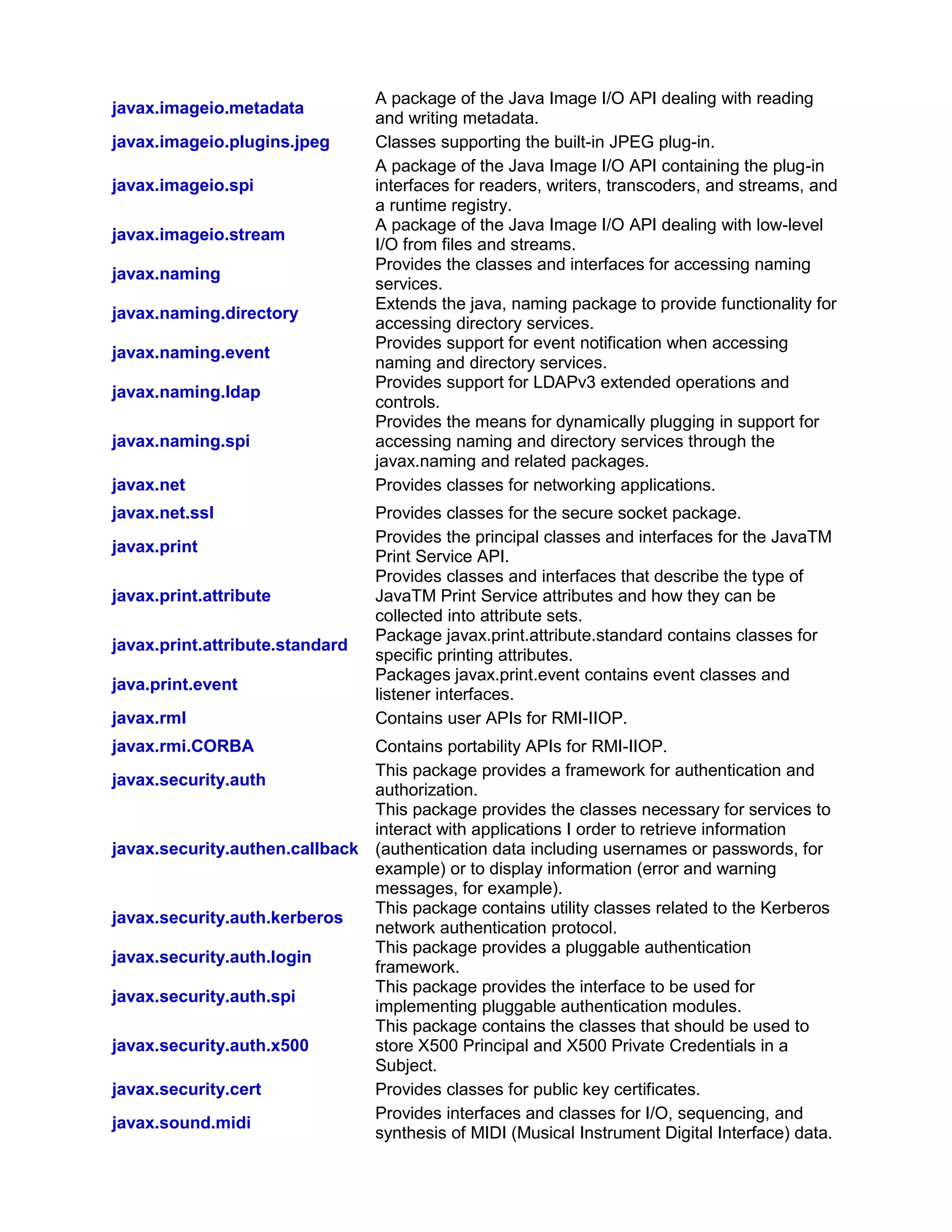 javax.imageio.metadata
A package of the Java Image I/O API dealing with reading
and writing metadata.
javax.imageio.plugins.jpeg Classes supporting the built-in JPEG plug-in.
javax.imageio.spi
A package of the Java Image I/O API containing the plug-in
interfaces for readers, writers, transcoders, and streams, and
a runtime registry.
javax.imageio.stream
A package of the Java Image I/O API dealing with low-level
I/O from files and streams.
javax.naming
Provides the classes and interfaces for accessing naming
services.
javax.naming.directory
Extends the java, naming package to provide functionality for
accessing directory services.
javax.naming.event
Provides support for event notification when accessing
naming and directory services.
javax.naming.Idap
Provides support for LDAPv3 extended operations and
controls.
javax.naming.spi
Provides the means for dynamically plugging in support for
accessing naming and directory services through the
javax.naming and related packages.
javax.net Provides classes for networking applications.
javax.net.ssl Provides classes for the secure socket package.
javax.print
Provides the principal classes and interfaces for the JavaTM
Print Service API.
javax.print.attribute
Provides classes and interfaces that describe the type of
JavaTM Print Service attributes and how they can be
collected into attribute sets.
javax.print.attribute.standard
Package javax.print.attribute.standard contains classes for
specific printing attributes.
java.print.event
Packages javax.print.event contains event classes and
listener interfaces.
javax.rml Contains user APIs for RMI-IIOP.
javax.rmi.CORBA Contains portability APIs for RMI-IIOP.
javax.security.auth
This package provides a framework for authentication and
authorization.
javax.security.authen.callback
This package provides the classes necessary for services to
interact with applications I order to retrieve information
(authentication data including usernames or passwords, for
example) or to display information (error and warning
messages, for example).
javax.security.auth.kerberos
This package contains utility classes related to the Kerberos
network authentication protocol.
javax.security.auth.login
This package provides a pluggable authentication
framework.
javax.security.auth.spi
This package provides the interface to be used for
implementing pluggable authentication modules.
javax.security.auth.x500
This package contains the classes that should be used to
store X500 Principal and X500 Private Credentials in a
Subject.
javax.security.cert Provides classes for public key certificates.
javax.sound.midi
Provides interfaces and classes for I/O, sequencing, and
synthesis of MIDI (Musical Instrument Digital Interface) data.
 