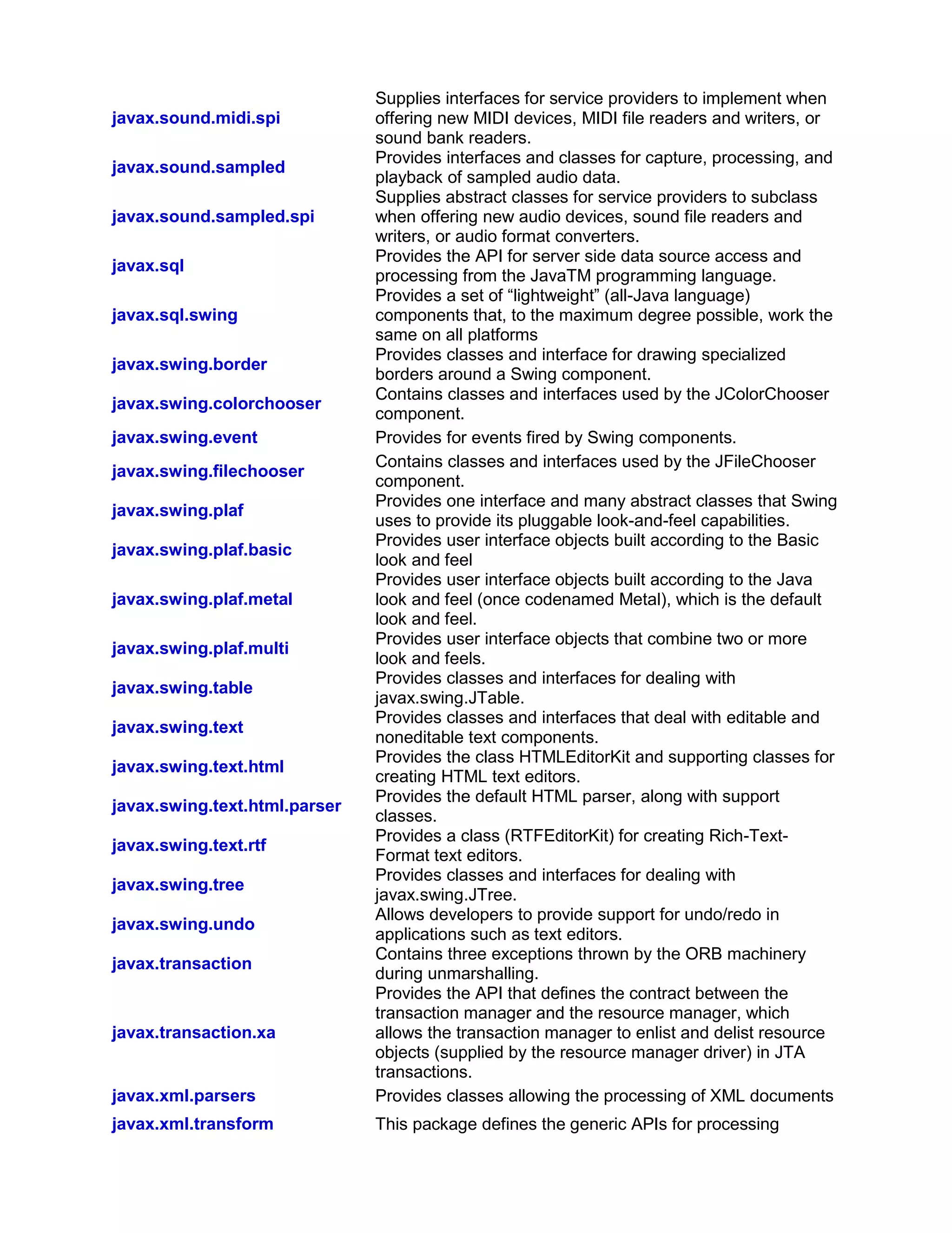 javax.sound.midi.spi
Supplies interfaces for service providers to implement when
offering new MIDI devices, MIDI file readers and writers, or
sound bank readers.
javax.sound.sampled
Provides interfaces and classes for capture, processing, and
playback of sampled audio data.
javax.sound.sampled.spi
Supplies abstract classes for service providers to subclass
when offering new audio devices, sound file readers and
writers, or audio format converters.
javax.sql
Provides the API for server side data source access and
processing from the JavaTM programming language.
javax.sql.swing
Provides a set of “lightweight” (all-Java language)
components that, to the maximum degree possible, work the
same on all platforms
javax.swing.border
Provides classes and interface for drawing specialized
borders around a Swing component.
javax.swing.colorchooser
Contains classes and interfaces used by the JColorChooser
component.
javax.swing.event Provides for events fired by Swing components.
javax.swing.filechooser
Contains classes and interfaces used by the JFileChooser
component.
javax.swing.plaf
Provides one interface and many abstract classes that Swing
uses to provide its pluggable look-and-feel capabilities.
javax.swing.plaf.basic
Provides user interface objects built according to the Basic
look and feel
javax.swing.plaf.metal
Provides user interface objects built according to the Java
look and feel (once codenamed Metal), which is the default
look and feel.
javax.swing.plaf.multi
Provides user interface objects that combine two or more
look and feels.
javax.swing.table
Provides classes and interfaces for dealing with
javax.swing.JTable.
javax.swing.text
Provides classes and interfaces that deal with editable and
noneditable text components.
javax.swing.text.html
Provides the class HTMLEditorKit and supporting classes for
creating HTML text editors.
javax.swing.text.html.parser
Provides the default HTML parser, along with support
classes.
javax.swing.text.rtf
Provides a class (RTFEditorKit) for creating Rich-Text-
Format text editors.
javax.swing.tree
Provides classes and interfaces for dealing with
javax.swing.JTree.
javax.swing.undo
Allows developers to provide support for undo/redo in
applications such as text editors.
javax.transaction
Contains three exceptions thrown by the ORB machinery
during unmarshalling.
javax.transaction.xa
Provides the API that defines the contract between the
transaction manager and the resource manager, which
allows the transaction manager to enlist and delist resource
objects (supplied by the resource manager driver) in JTA
transactions.
javax.xml.parsers Provides classes allowing the processing of XML documents
javax.xml.transform This package defines the generic APIs for processing
 