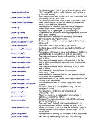javax.sound.midi.spi
Supplies interfaces for service providers to implement when
offering new MIDI devices, MIDI file readers and writers, or
sound bank readers.
javax.sound.sampled
Provides interfaces and classes for capture, processing, and
playback of sampled audio data.
javax.sound.sampled.spi
Supplies abstract classes for service providers to subclass
when offering new audio devices, sound file readers and
writers, or audio format converters.
javax.sql
Provides the API for server side data source access and
processing from the JavaTM programming language.
javax.sql.swing
Provides a set of “lightweight” (all-Java language)
components that, to the maximum degree possible, work the
same on all platforms
javax.swing.border
Provides classes and interface for drawing specialized
borders around a Swing component.
javax.swing.colorchooser
Contains classes and interfaces used by the JColorChooser
component.
javax.swing.event Provides for events fired by Swing components.
javax.swing.filechooser
Contains classes and interfaces used by the JFileChooser
component.
javax.swing.plaf
Provides one interface and many abstract classes that Swing
uses to provide its pluggable look-and-feel capabilities.
javax.swing.plaf.basic
Provides user interface objects built according to the Basic
look and feel
javax.swing.plaf.metal
Provides user interface objects built according to the Java
look and feel (once codenamed Metal), which is the default
look and feel.
javax.swing.plaf.multi
Provides user interface objects that combine two or more
look and feels.
javax.swing.table
Provides classes and interfaces for dealing with
javax.swing.JTable.
javax.swing.text
Provides classes and interfaces that deal with editable and
noneditable text components.
javax.swing.text.html
Provides the class HTMLEditorKit and supporting classes for
creating HTML text editors.
javax.swing.text.html.parser
Provides the default HTML parser, along with support
classes.
javax.swing.text.rtf
Provides a class (RTFEditorKit) for creating Rich-Text-
Format text editors.
javax.swing.tree
Provides classes and interfaces for dealing with
javax.swing.JTree.
javax.swing.undo
Allows developers to provide support for undo/redo in
applications such as text editors.
javax.transaction
Contains three exceptions thrown by the ORB machinery
during unmarshalling.
javax.transaction.xa
Provides the API that defines the contract between the
transaction manager and the resource manager, which
allows the transaction manager to enlist and delist resource
objects (supplied by the resource manager driver) in JTA
transactions.
javax.xml.parsers Provides classes allowing the processing of XML documents
javax.xml.transform This package defines the generic APIs for processing
 