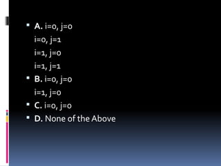  A. i=0, j=0
i=0, j=1
i=1, j=0
i=1, j=1
 B. i=0, j=0
i=1, j=0
 C. i=0, j=0
 D. None of the Above
 