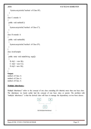JAVA
PROGRAMMING
II B.TECH II SEMESTER
(R19)
Dept.of CSE, VVGV, P.SUNIL KUMAR Page 15
System.out.println("method of Class B");
}
}
class C extends A
{
public void methodC()
{
System.out.println("method of Class C");
}
}
class D extends A
{
public void methodD()
{
System.out.println("method of Class D");
}
}
class JavaExample
{
public static void main(String args[])
{
B obj1 = new B();
C obj2 = new C();
D obj3 = new D();
}
}
Output:
method of Class A
method of Class A
method of Class A
Multiple Inheritance:
Multiple Inheritance” refers to the concept of one class extending (Or inherits) more than one base class.
The inheritance we learnt earlier had the concept of one base class or parent. The problem with
“multiple inheritance” is that the derived class will have to manage the dependency on two base classes.
 