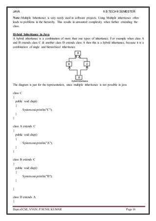 JAVA
PROGRAMMING
II B.TECH II SEMESTER
(R19)
Dept.of CSE, VVGV, P.SUNIL KUMAR Page 16
Note: Multiple Inheritance is very rarely used in software projects. Using Multiple inheritance often
leads to problems in the hierarchy. This results in unwanted complexity when further extending the
class.
Hybrid Inheritance in Java
A hybrid inheritance is a combination of more than one types of inheritance. For example when class A
and B extends class C & another class D extends class A then this is a hybrid inheritance, because it is a
combination of single and hierarchical inheritance.
The diagram is just for the representation, since multiple inheritance is not possible in java
class C
{
public void disp()
{
System.out.println("C");
}
}
class A extends C
{
public void disp()
{
System.out.println("A");
}
}
class B extends C
{
public void disp()
{
System.out.println("B");
}
}
class D extends A
{
 