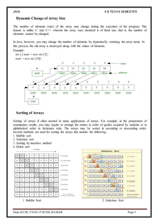JAVA
PROGRAMMING
II B.TECH II SEMESTER
(R19)
Dept.of CSE, VVGV, P.SUNIL KUMAR Page 5
Dynamic Change of Array Size
The number of elements (size) of the array may change during the execution of the program. This
feature is unlike C and C++ wherein the array once declared is of fixed size, that is, the number of
elements cannot be changed.
In Java, however, you may change the number of elements by dynamically retaining the array name. In
this process, the old array is destroyed along with the values of elements.
Example:
int [ ] num = new int [5];
num = new int [10];
Sorting of Arrays
Sorting of arrays if often needed in many applications of arrays. For example, in the preparation of
examination results, you may require to arrange the entries in order of grades acquired by students or in
alphabetical order in dictionary style. The arrays may be sorted in ascending or descending order.
Several methods are used for sorting the arrays that include the following:
1. Bubble sort
2. Selection sort
3. Sorting by insertion method
4. Quick sort
1. Bubble Sort 2. Selection Sort
 