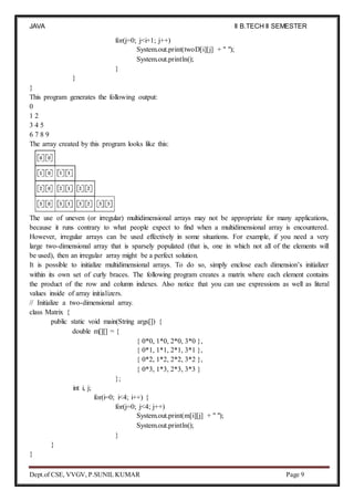 JAVA
PROGRAMMING
II B.TECH II SEMESTER
(R19)
Dept.of CSE, VVGV, P.SUNIL KUMAR Page 9
for(j=0; j<i+1; j++)
System.out.print(twoD[i][j] + " ");
System.out.println();
}
}
}
This program generates the following output:
0
1 2
3 4 5
6 7 8 9
The array created by this program looks like this:
The use of uneven (or irregular) multidimensional arrays may not be appropriate for many applications,
because it runs contrary to what people expect to find when a multidimensional array is encountered.
However, irregular arrays can be used effectively in some situations. For example, if you need a very
large two-dimensional array that is sparsely populated (that is, one in which not all of the elements will
be used), then an irregular array might be a perfect solution.
It is possible to initialize multidimensional arrays. To do so, simply enclose each dimension’s initializer
within its own set of curly braces. The following program creates a matrix where each element contains
the product of the row and column indexes. Also notice that you can use expressions as well as literal
values inside of array initializers.
// Initialize a two-dimensional array.
class Matrix {
public static void main(String args[]) {
double m[][] = {
{ 0*0, 1*0, 2*0, 3*0 },
{ 0*1, 1*1, 2*1, 3*1 },
{ 0*2, 1*2, 2*2, 3*2 },
{ 0*3, 1*3, 2*3, 3*3 }
};
int i, j;
for(i=0; i<4; i++) {
for(j=0; j<4; j++)
System.out.print(m[i][j] + " ");
System.out.println();
}
}
}
 