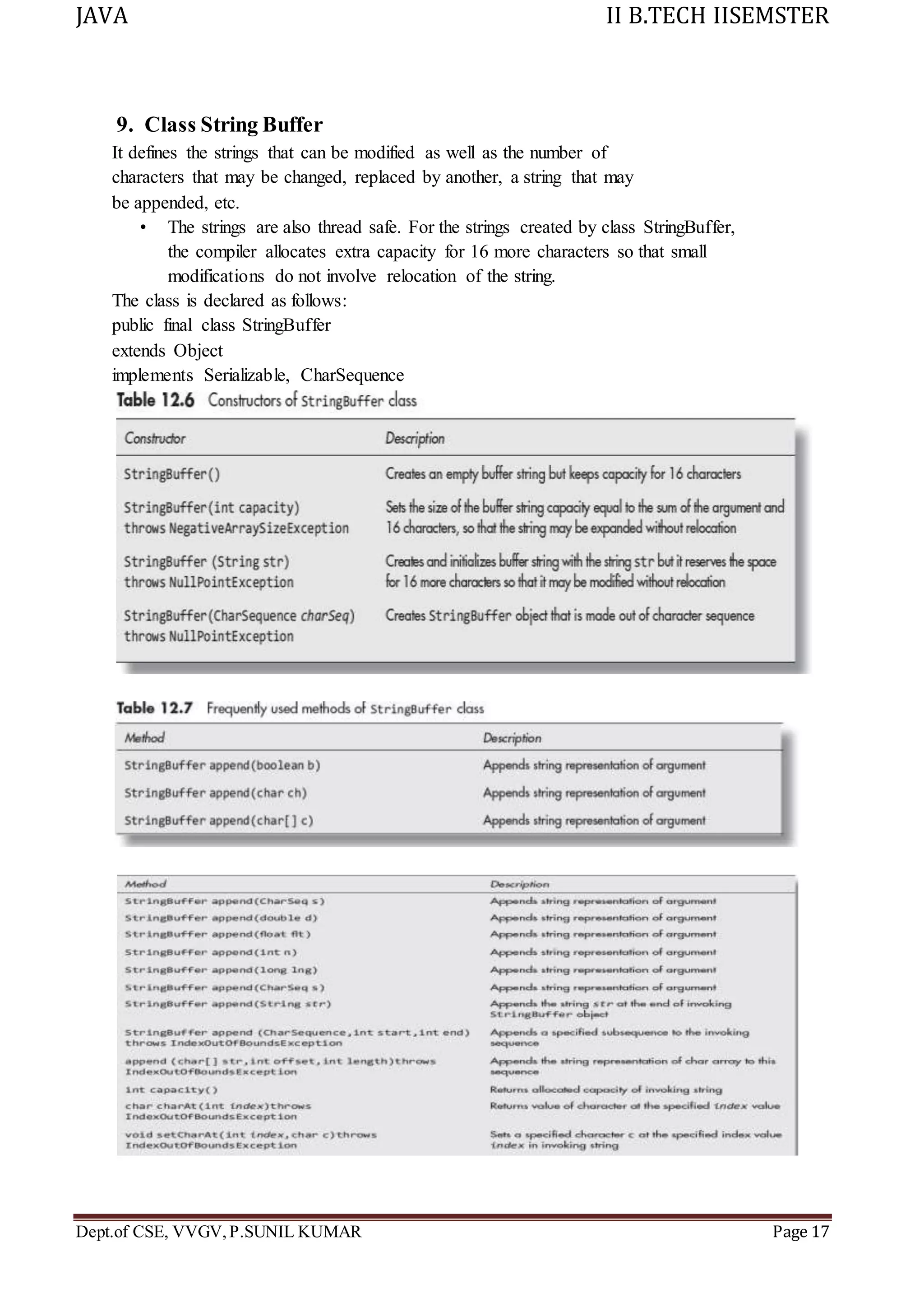 JAVA II B.TECH IISEMSTER
Dept.of CSE, VVGV,P.SUNIL KUMAR Page 17
9. Class String Buffer
It defines the strings that can be modified as well as the number of
characters that may be changed, replaced by another, a string that may
be appended, etc.
• The strings are also thread safe. For the strings created by class StringBuffer,
the compiler allocates extra capacity for 16 more characters so that small
modifications do not involve relocation of the string.
The class is declared as follows:
public final class StringBuffer
extends Object
implements Serializable, CharSequence
 