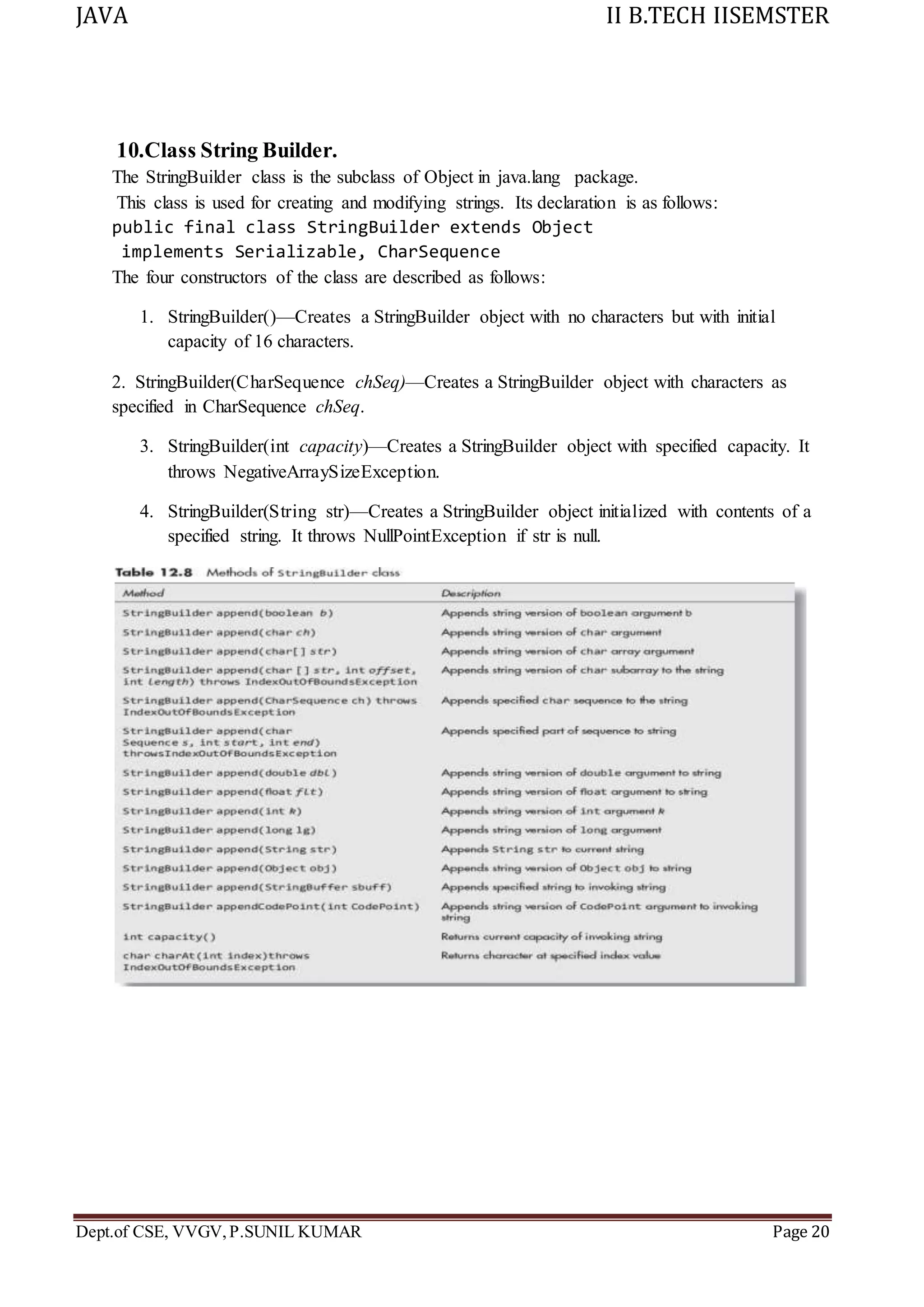 JAVA II B.TECH IISEMSTER
Dept.of CSE, VVGV,P.SUNIL KUMAR Page 20
10.Class String Builder.
The StringBuilder class is the subclass of Object in java.lang package.
This class is used for creating and modifying strings. Its declaration is as follows:
public final class StringBuilder extends Object
implements Serializable, CharSequence
The four constructors of the class are described as follows:
1. StringBuilder()—Creates a StringBuilder object with no characters but with initial
capacity of 16 characters.
2. StringBuilder(CharSequence chSeq)—Creates a StringBuilder object with characters as
specified in CharSequence chSeq.
3. StringBuilder(int capacity)—Creates a StringBuilder object with specified capacity. It
throws NegativeArraySizeException.
4. StringBuilder(String str)—Creates a StringBuilder object initialized with contents of a
specified string. It throws NullPointException if str is null.
 
