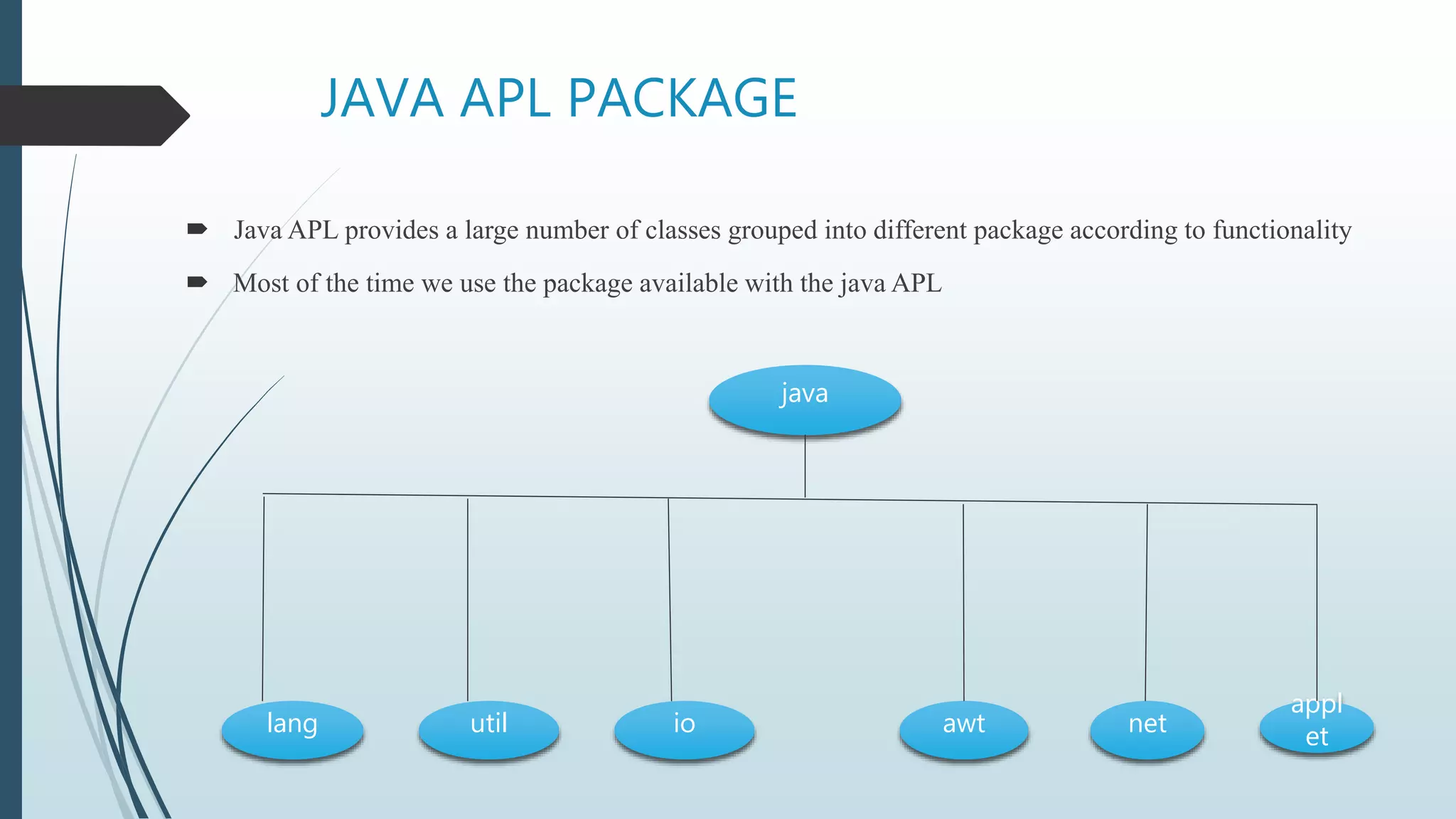 JAVA APL PACKAGE
 Java APL provides a large number of classes grouped into different package according to functionality
 Most of the time we use the package available with the java APL
java
lang util io awt net
appl
et
 