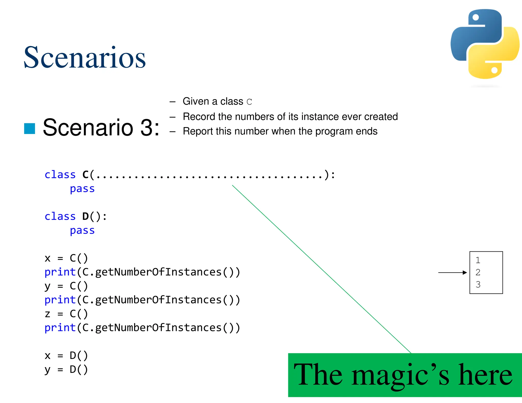 201/287
Scenarios
 Scenario 3:
class C(....................................):
pass
class D():
pass
x = C()
print(C.getNumberOfInstances())
y = C()
print(C.getNumberOfInstances())
z = C()
print(C.getNumberOfInstances())
x = D()
y = D()
– Given a class C
– Record the numbers of its instance ever created
– Report this number when the program ends
1
2
3
The magic’s here
 