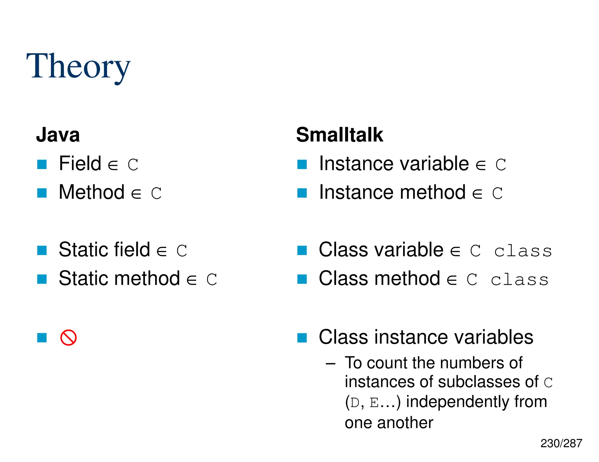 230/287
 Instance variable ∈ C
 Instance method ∈ C
 Class variable ∈ C class
 Class method ∈ C class
 Class instance variables
– To count the numbers of
instances of subclasses of C
(D, E…) independently from
one another
Java
 Field ∈ C
 Method ∈ C
 Static field ∈ C
 Static method ∈ C
 



Smalltalk
Theory
 