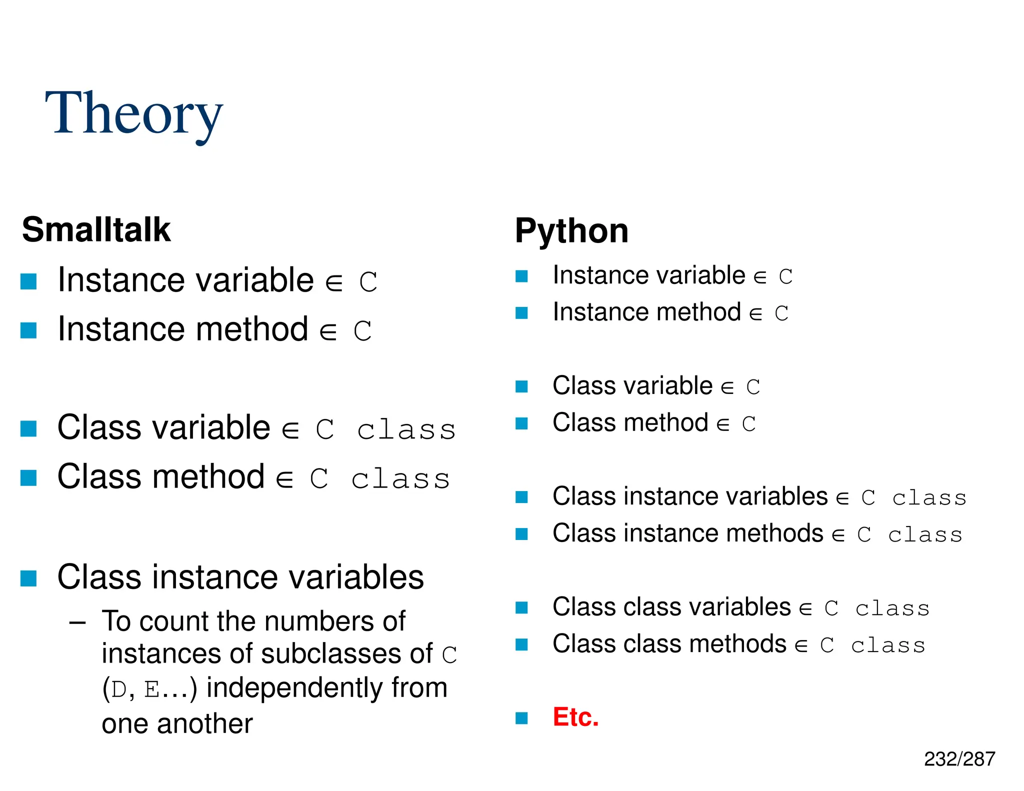232/287
 Instance variable ∈ C
 Instance method ∈ C
 Class variable ∈ C class
 Class method ∈ C class
 Class instance variables
– To count the numbers of
instances of subclasses of C
(D, E…) independently from
one another
 Instance variable ∈ C
 Instance method ∈ C
 Class variable ∈ C
 Class method ∈ C
 Class instance variables ∈ C class
 Class instance methods ∈ C class
 Class class variables ∈ C class
 Class class methods ∈ C class
 Etc.
Smalltalk Python
Theory
 
