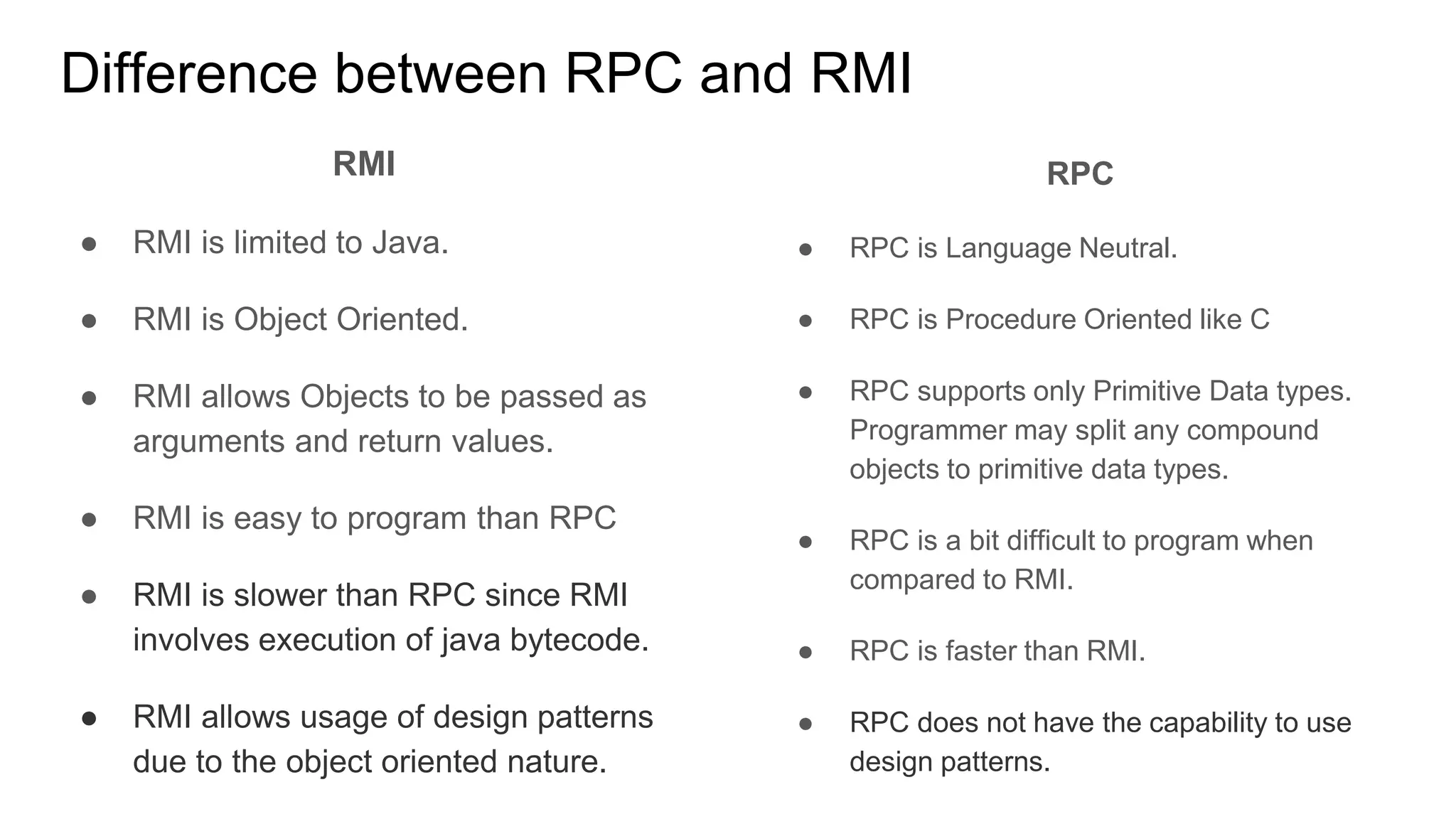 Difference between RPC and RMI
RMI
● RMI is limited to Java.
● RMI is Object Oriented.
● RMI allows Objects to be passed as
arguments and return values.
● RMI is easy to program than RPC
● RMI is slower than RPC since RMI
involves execution of java bytecode.
● RMI allows usage of design patterns
due to the object oriented nature.
RPC
● RPC is Language Neutral.
● RPC is Procedure Oriented like C
● RPC supports only Primitive Data types.
Programmer may split any compound
objects to primitive data types.
● RPC is a bit difficult to program when
compared to RMI.
● RPC is faster than RMI.
● RPC does not have the capability to use
design patterns.
 