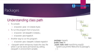 Understanding class path
Packages
 To compile:
 e:sources> javac -d c:classes A.java
 To run the program from e:sources...