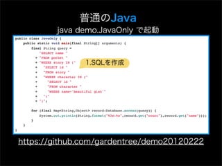普通のJava
        java demo.JavaOnly で起動



               1.SQLを作成




https://github.com/gardentree/demo20120222
 