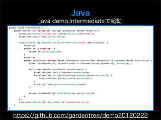 Java
        java demo.Intermediateで起動




https://github.com/gardentree/demo20120222
 
